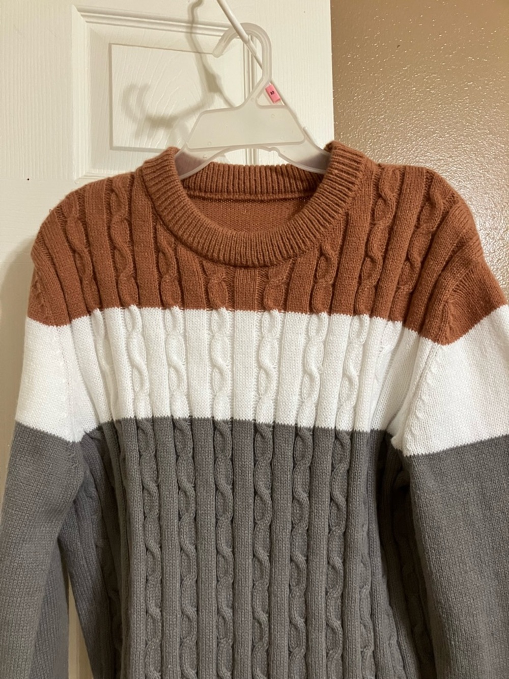 Cable Knit Colorblock Sweater - Brown/White/Gray
